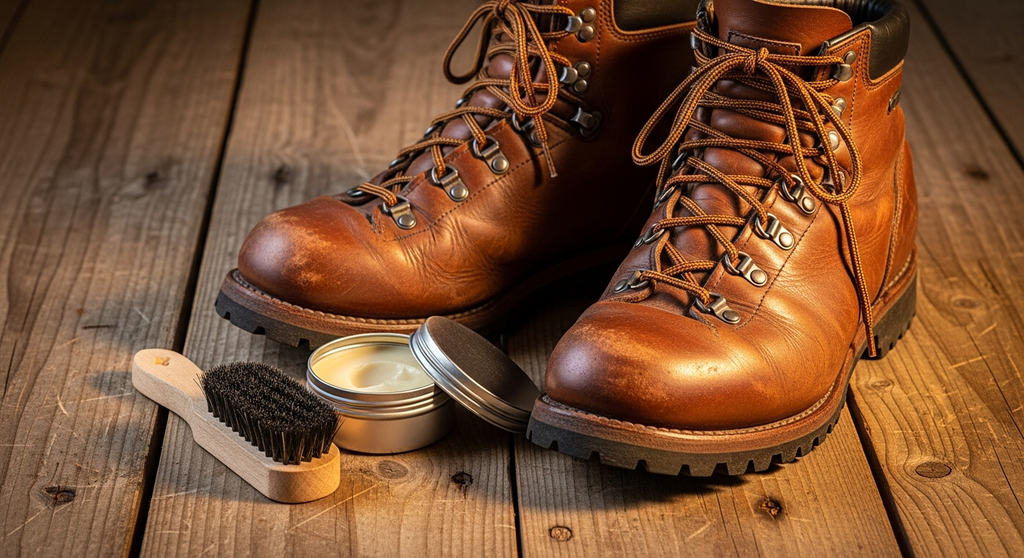 Worn leather boots with wax and brush