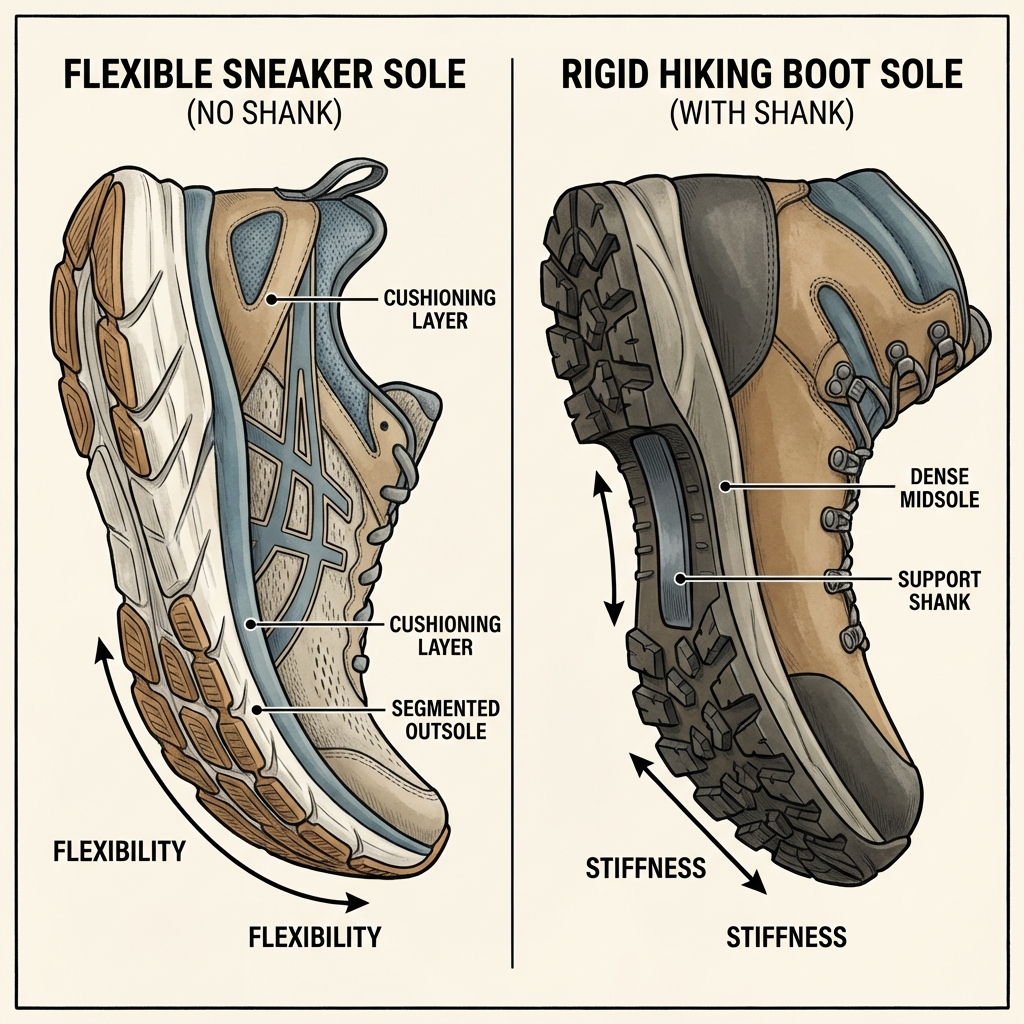 スニーカーの柔らかいソールと登山靴の硬いシャンク入りソールの構造比較
