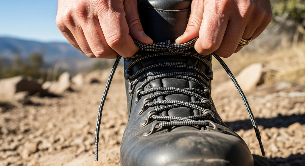 Hiker tightening shoelaces for descent