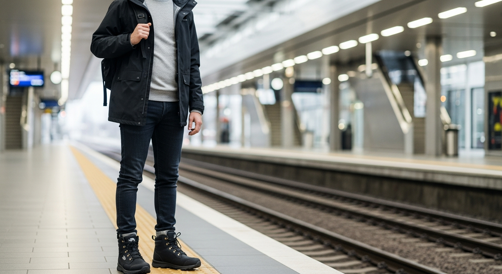 Person wearing TNF Creston boots at train station
