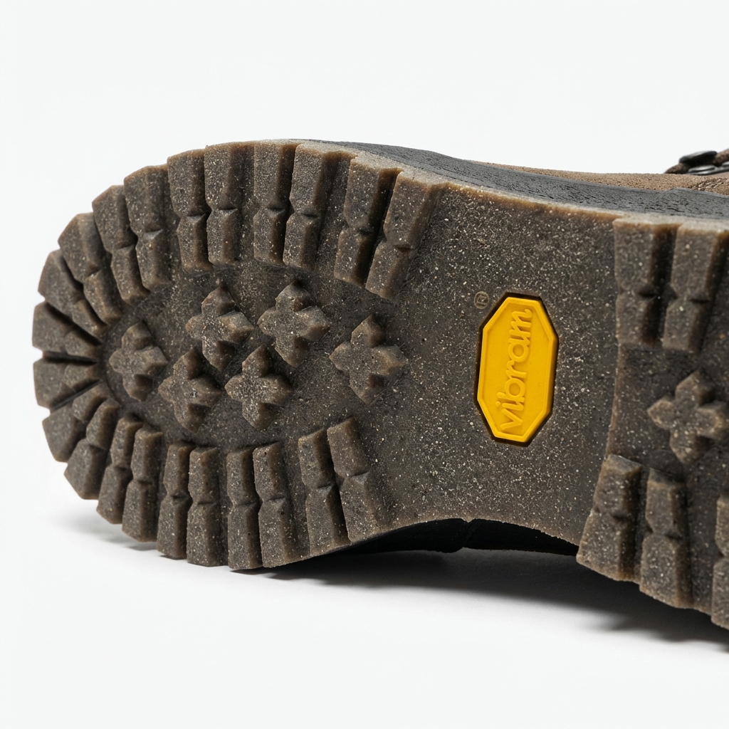 Vibramソールのクローズアップ - 黄色い八角形のロゴと深いラグパターン