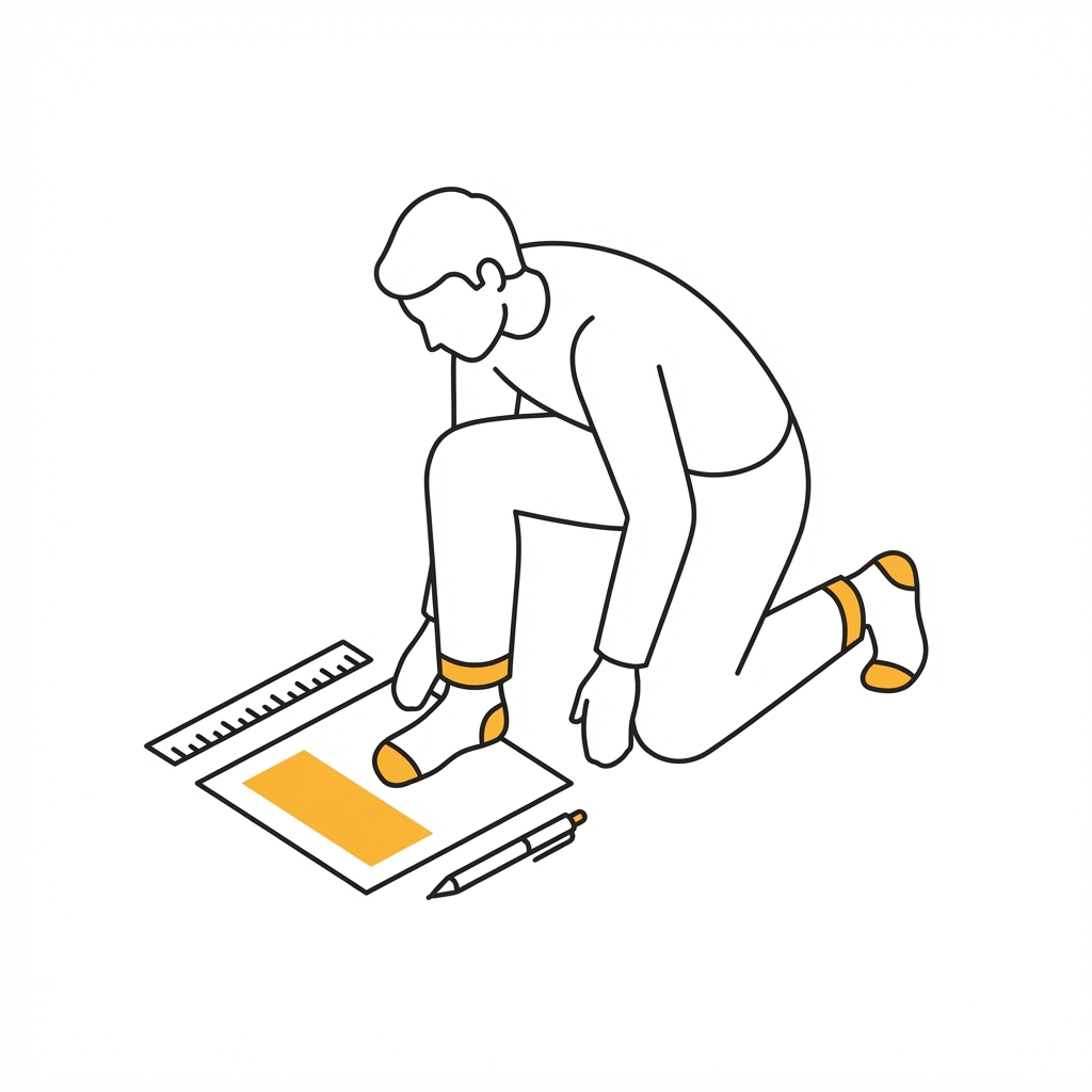 自宅で定規と紙を使って足長と足幅を測る様子